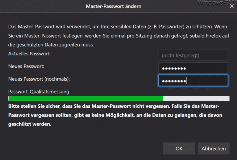 Im Firefox Zugangsdaten und Passwörter speichern (Masterpasswort)