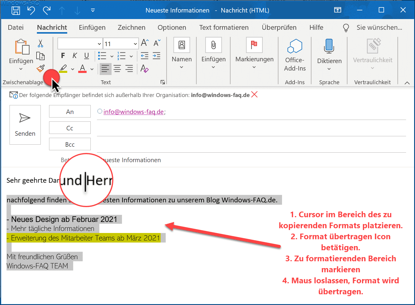 Format übertragen - Einfach Formatierungen im Word, Outlook oder