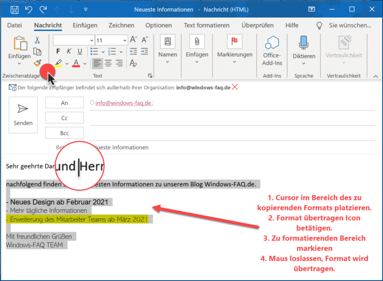Format übertragen – Einfach Formatierungen im Word,  Outlook oder Excel übertragen