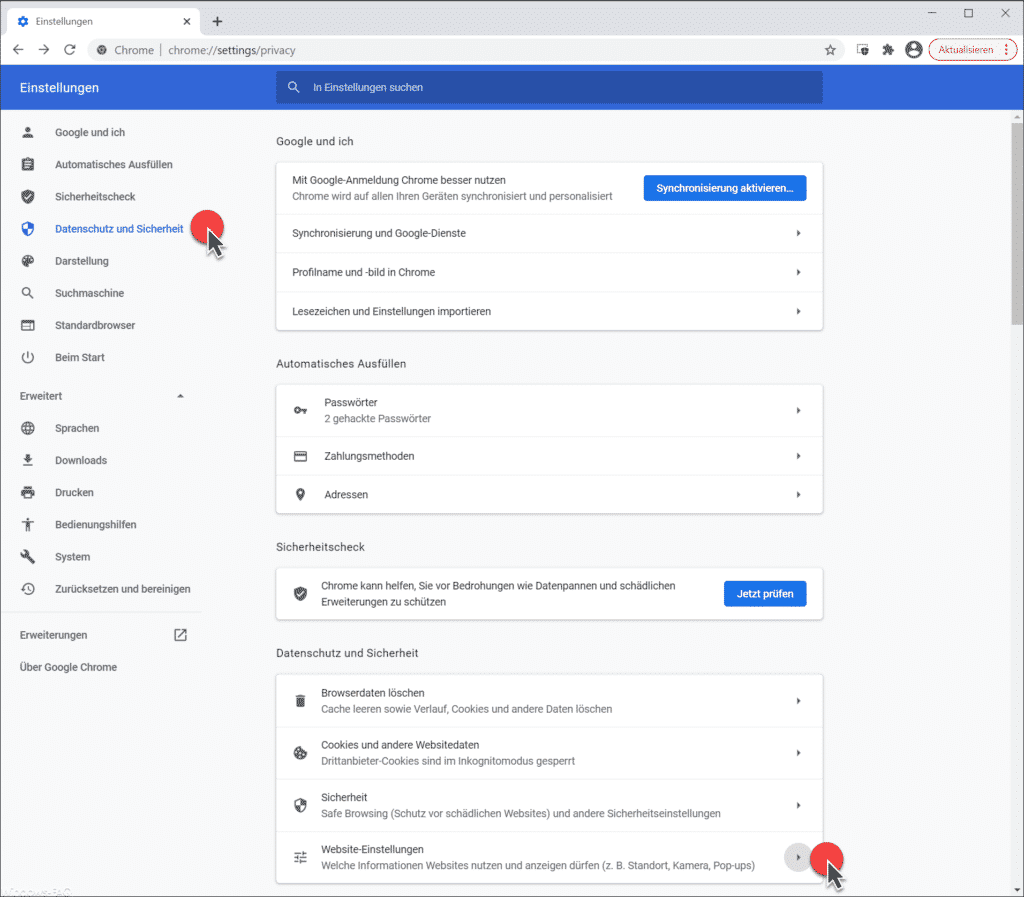 Google Chrome Website-Einstellungen