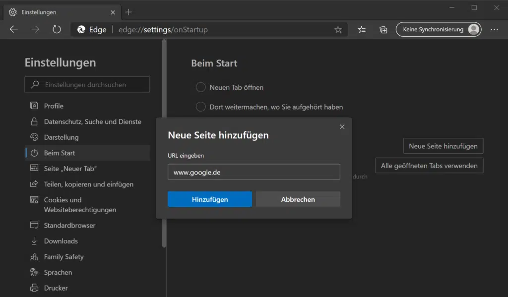 Google als Startseite einrichten Edge Chromium