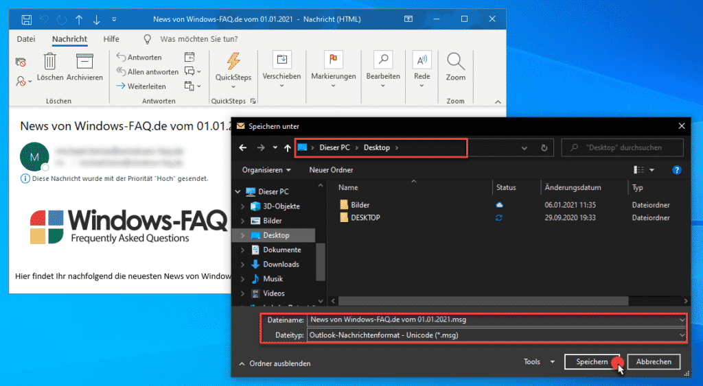 Outlook Dateiname Speicherort und Dateityp festlegen