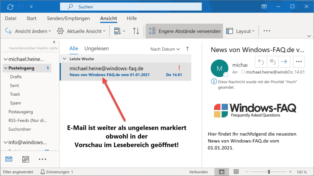 Outlook E-Mail Vorschau