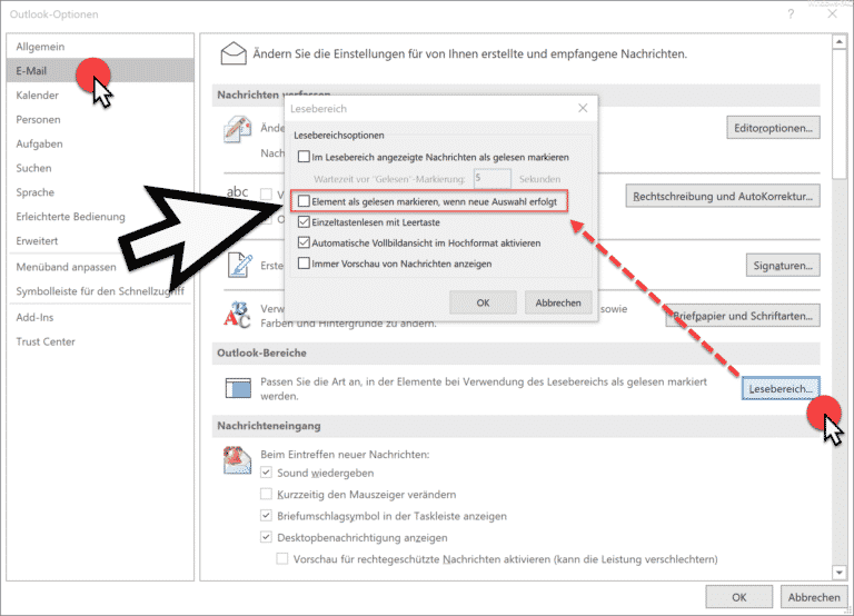 E-Mails, die im Outlook Vorschaufenster angezeigt werden, nicht als gelesen markieren