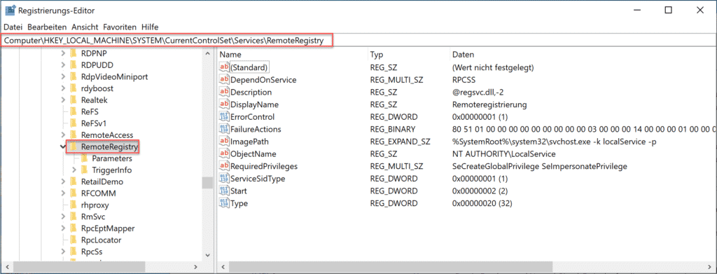 RemoteRegistrierung in der Registry