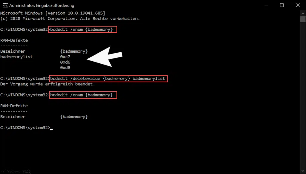 Mit BCEDIT defekte RAM Module finden