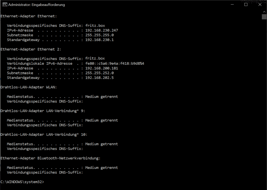 IPCONFIG in Kommandozeile