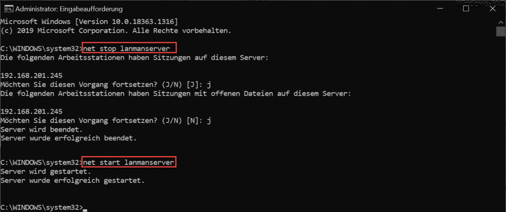 Lanmanserver stoppen und starten