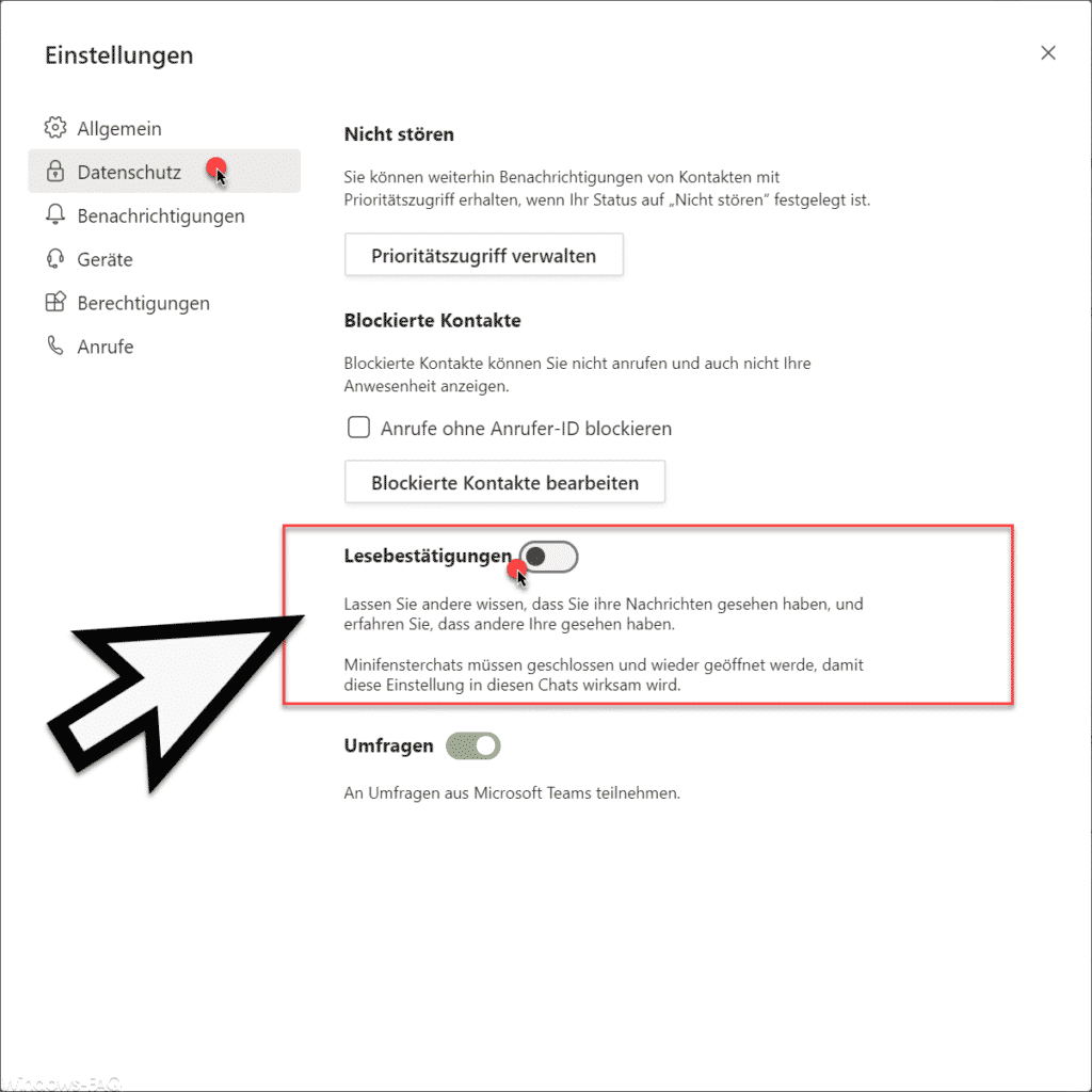 Teams Lesebestätigungen deaktivieren
