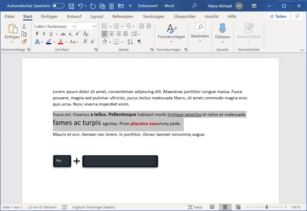 Word Formatierung entfernen mit STRG + Leertaste