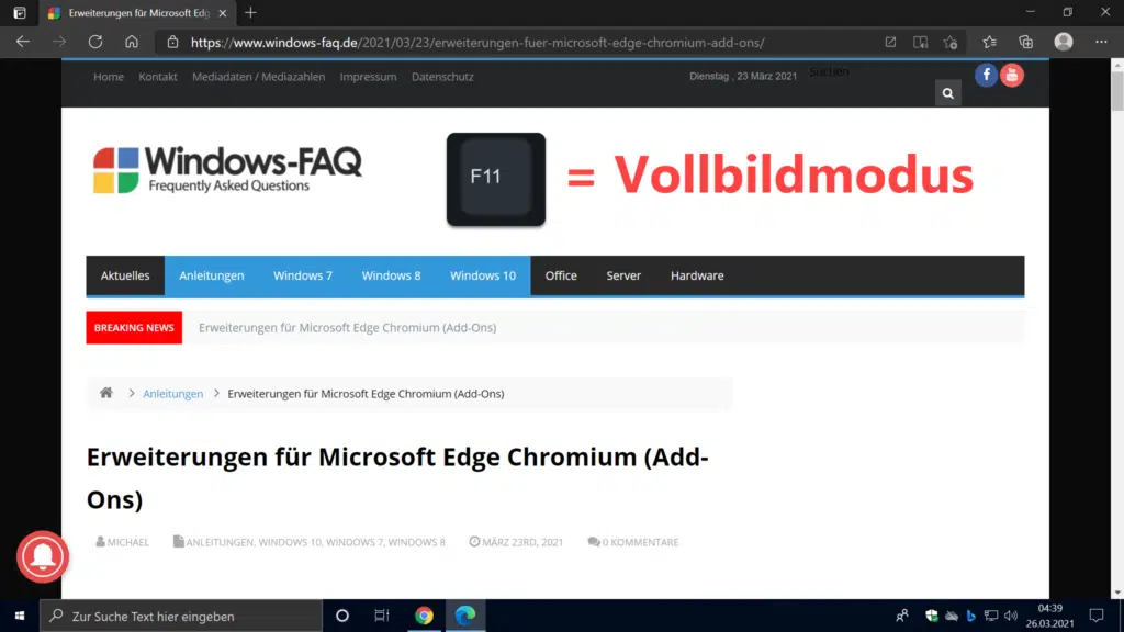 Vollbildmodus mit F11 aufrufen
