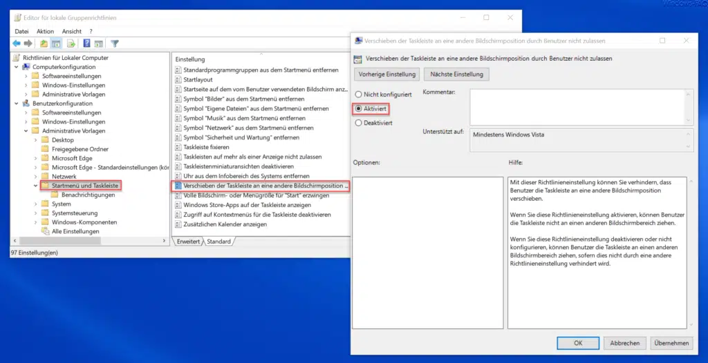 Verschieben der Taskleiste an eine andere Bildschirmposition durch den Benutzer nicht zulassen