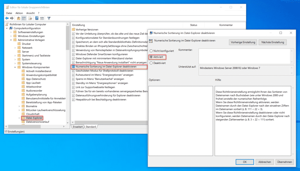 Numerische Sortierung im Datei-Explorer deaktivieren