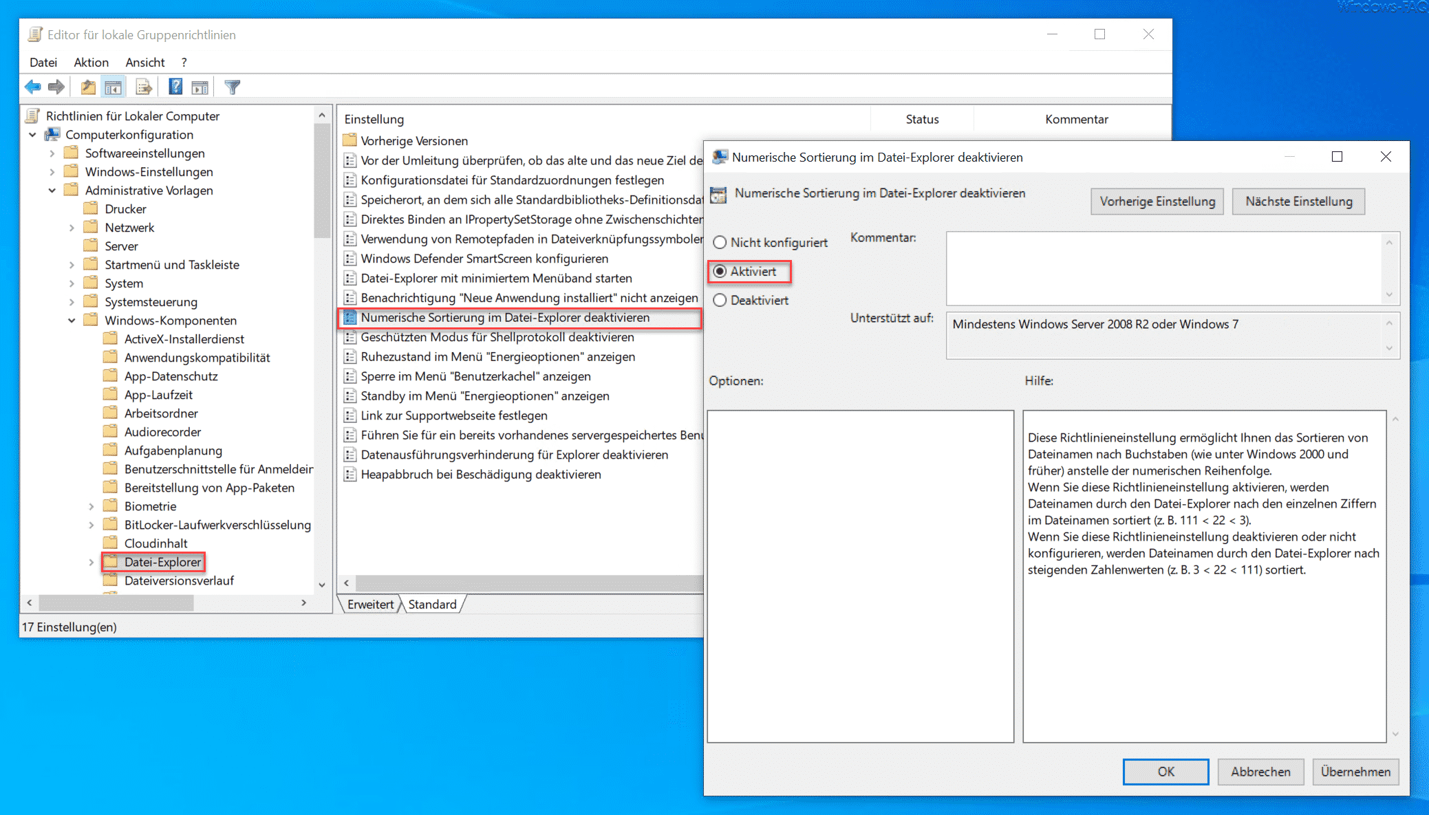 Numerische Sortierung im Windows Explorer umstellen
