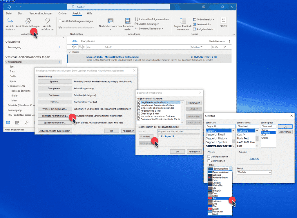 Outlook Ansichtseinstellungen Schriftfarbe ungelesene E-Mails