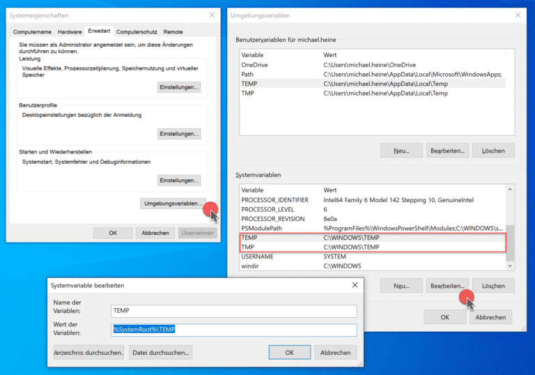 Temporäre Verzeichnisse TEMP & TMP bei Windows ändern