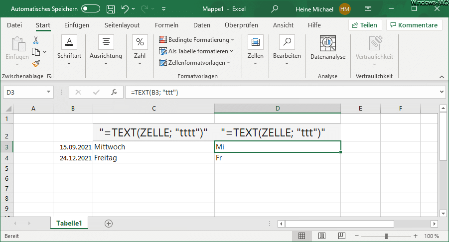 Wochentag aus Datum errechnen Microsoft Excel