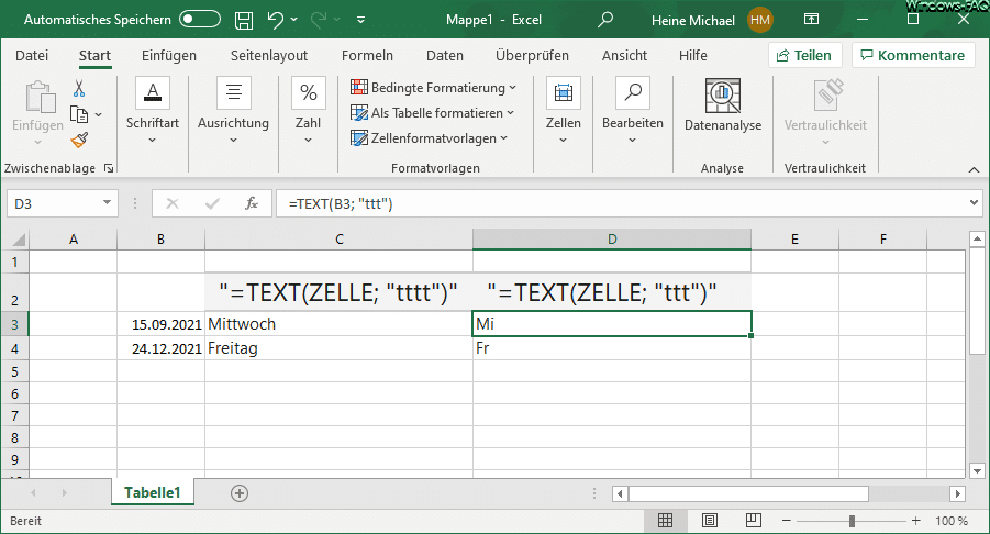 Datum in Wochentag bei Excel umrechnen