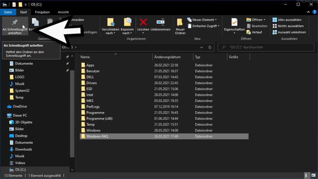 Button An Schnellzugriff anheften im Windows Explorer