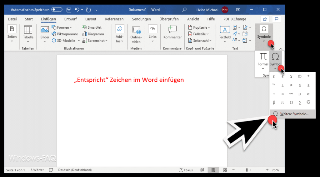 Entspricht Zeichen im Word einfügen