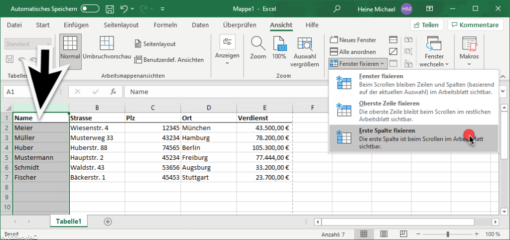 Excel erste Spalte fixieren