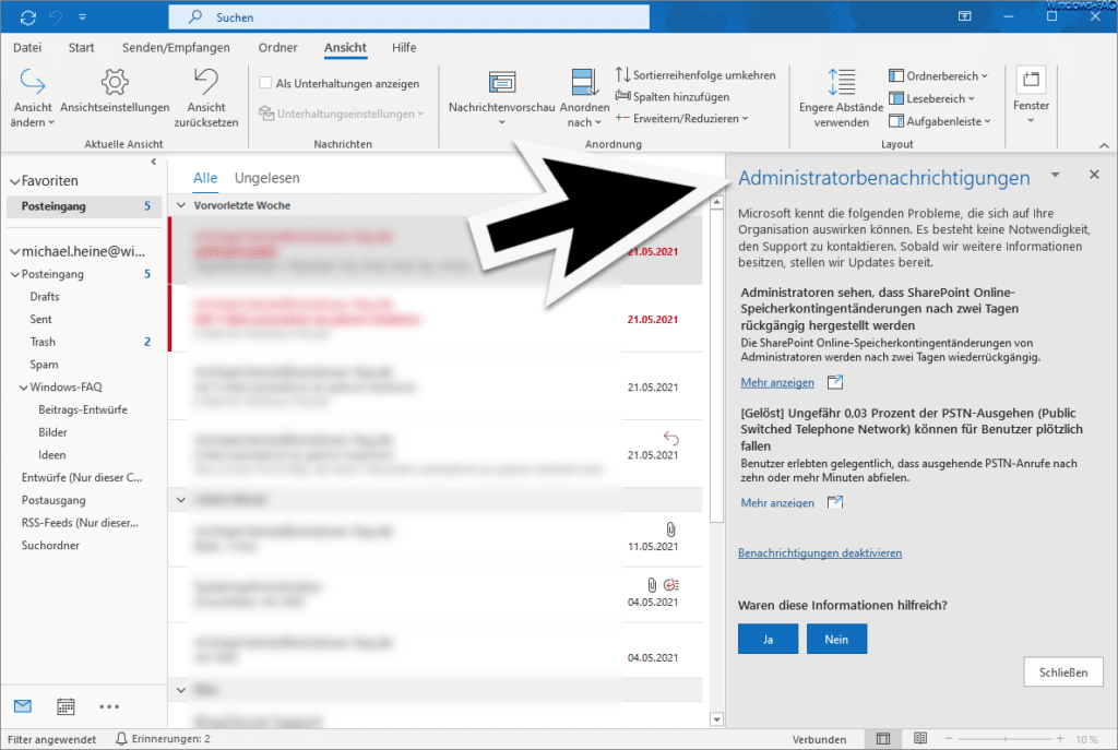 Outlook Administratorbenachrichtigungen