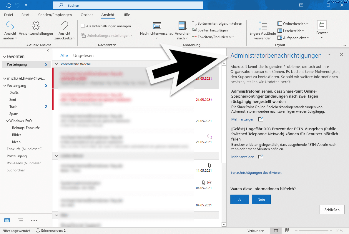 Administratorbenachrichtigungen im Outlook deaktivieren