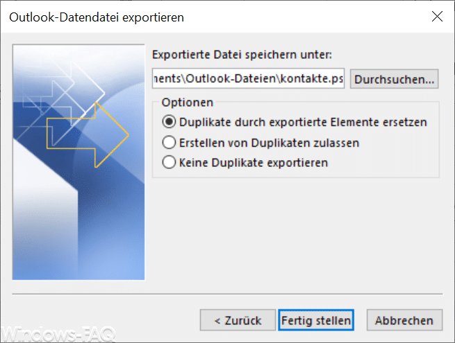 Outlook Exportdatei angeben
