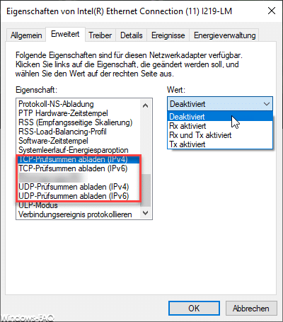 TCP-Prüfsummen abladen (IPv4 & IPv6) und RDP-Prüfsummen abladen (IPv4 & IPv6)