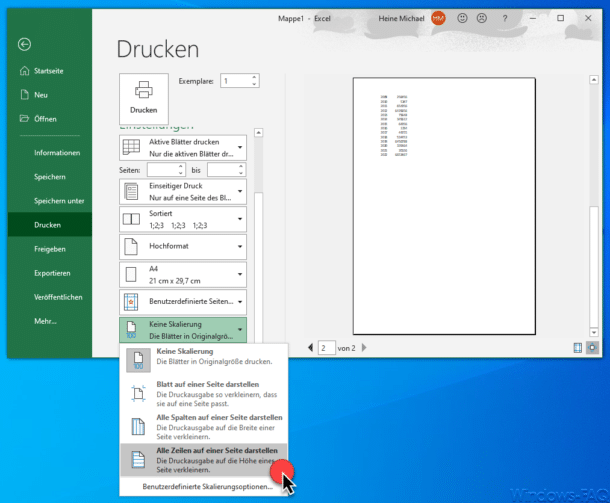 Excel - Seite skalieren und alle Spalten und Zeilen auf eine Seite