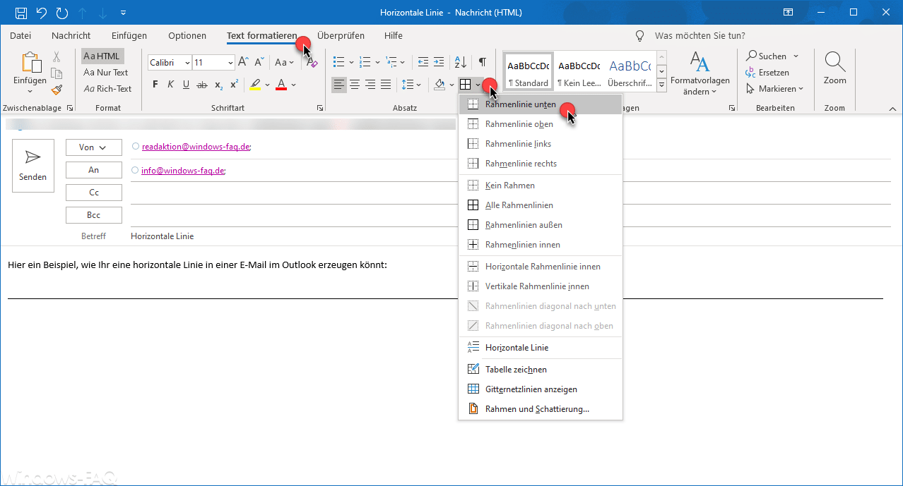Eine horizontale Linie in einer Outlook E-Mail einfügen