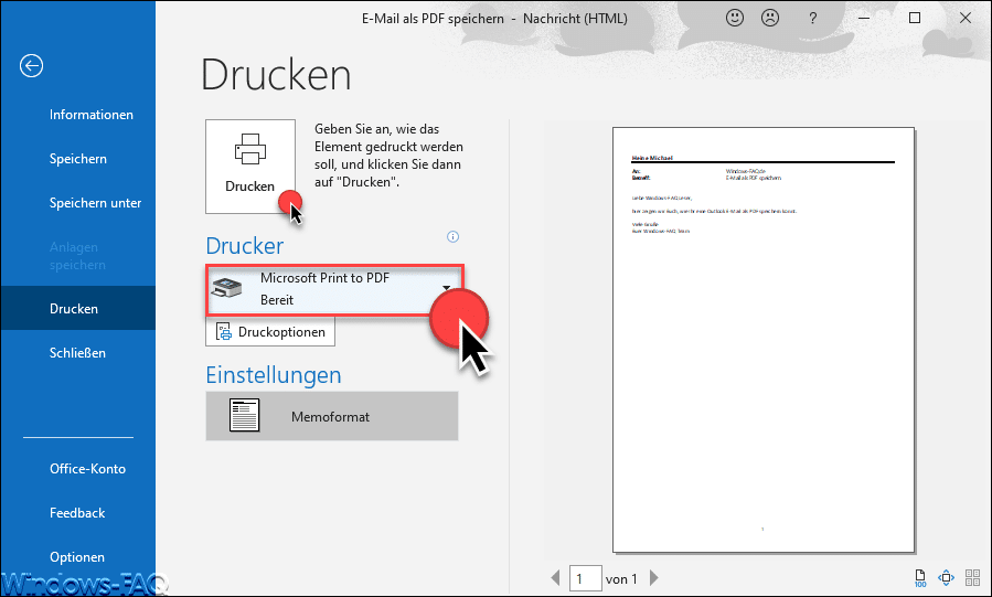 Outlook drucken Microsoft Print to PDF