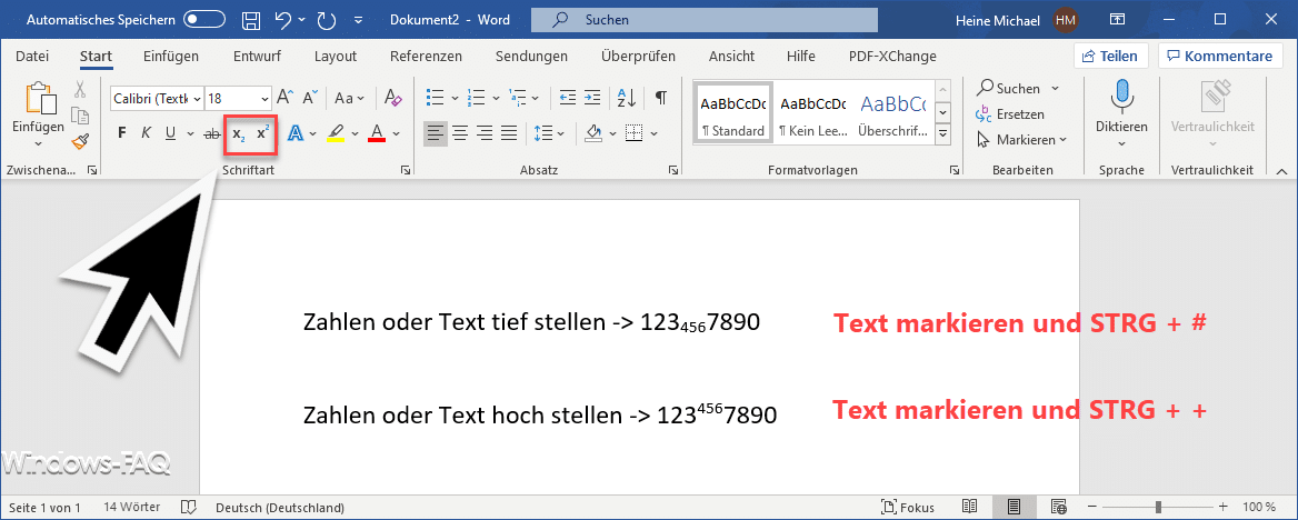 Text hoch stellen oder tief stellen im Word