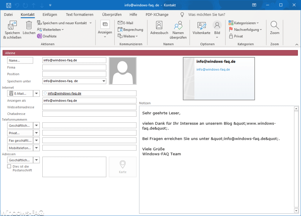 Outlook Kontakt direkt aus E-Mail erstellen