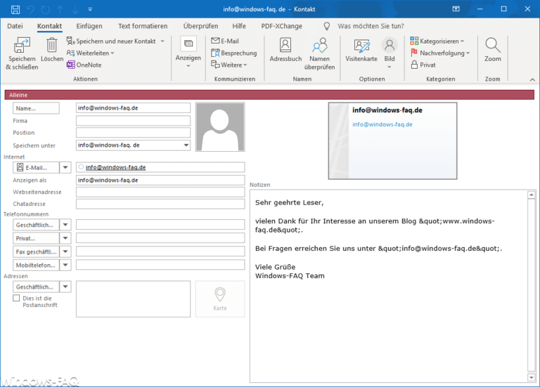 Outlook Kontakt direkt aus einer E-Mail erstellen