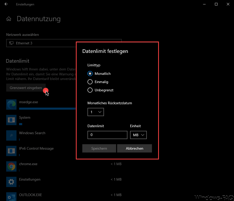Windows 10 Grenzwert eingeben und Datenlimit festlegen