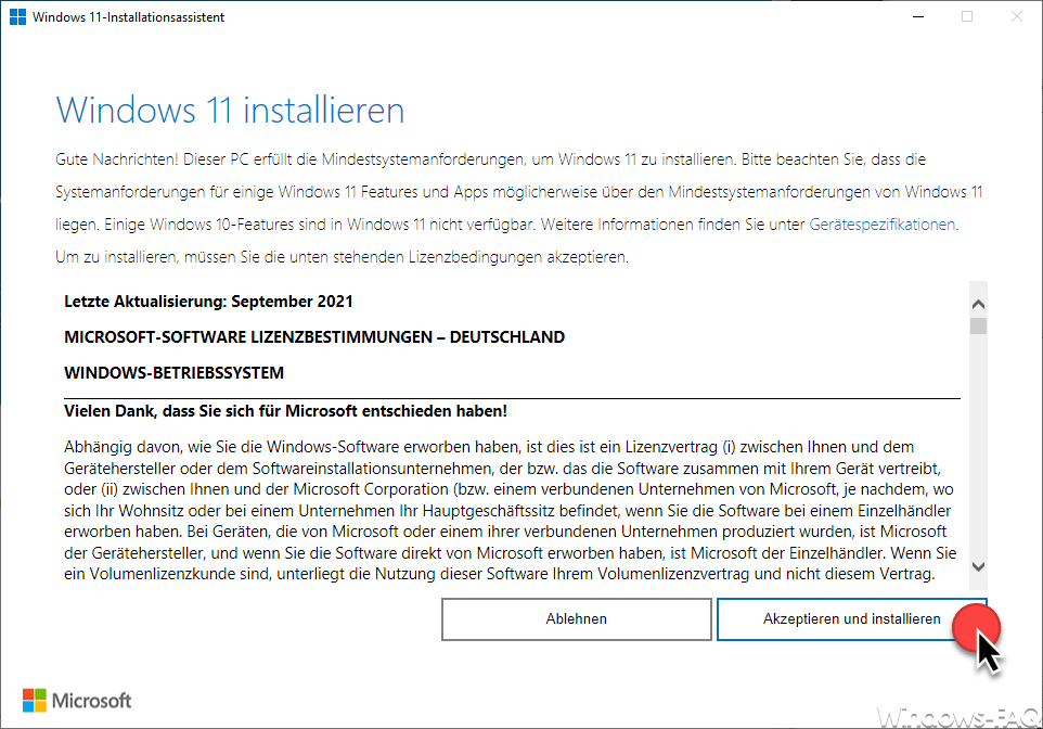 Windows 11 installieren - Microsoft Software Lizenzbestimmungen für Windows 11