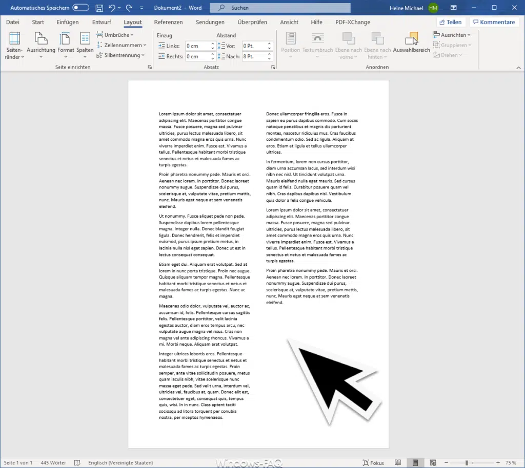 Word Dokument umgewandelt in 2 Spalten