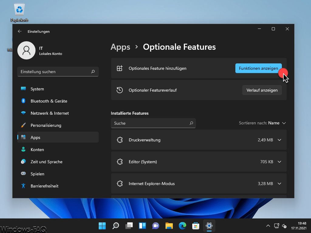 Windows 11 Optionale Features hinzufügen - Funktionen anzeigen