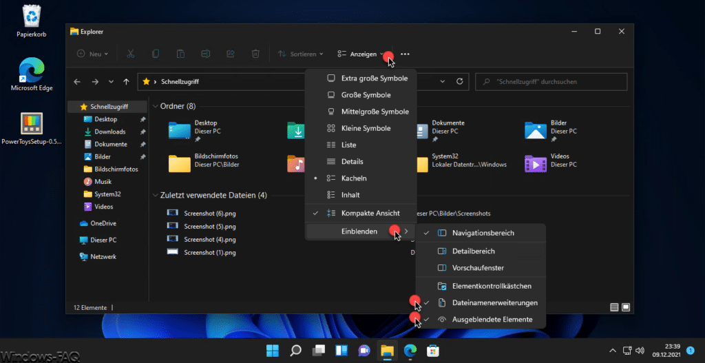 Windows 11 Explorer Dateinamenerweiterung und ausgeblendete Elemente