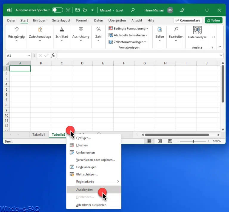 Excel Arbeitsblatt ausblenden und einblenden