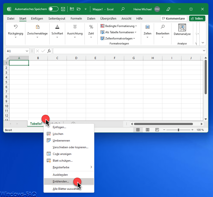 Excel Arbeitsblatt einblenden