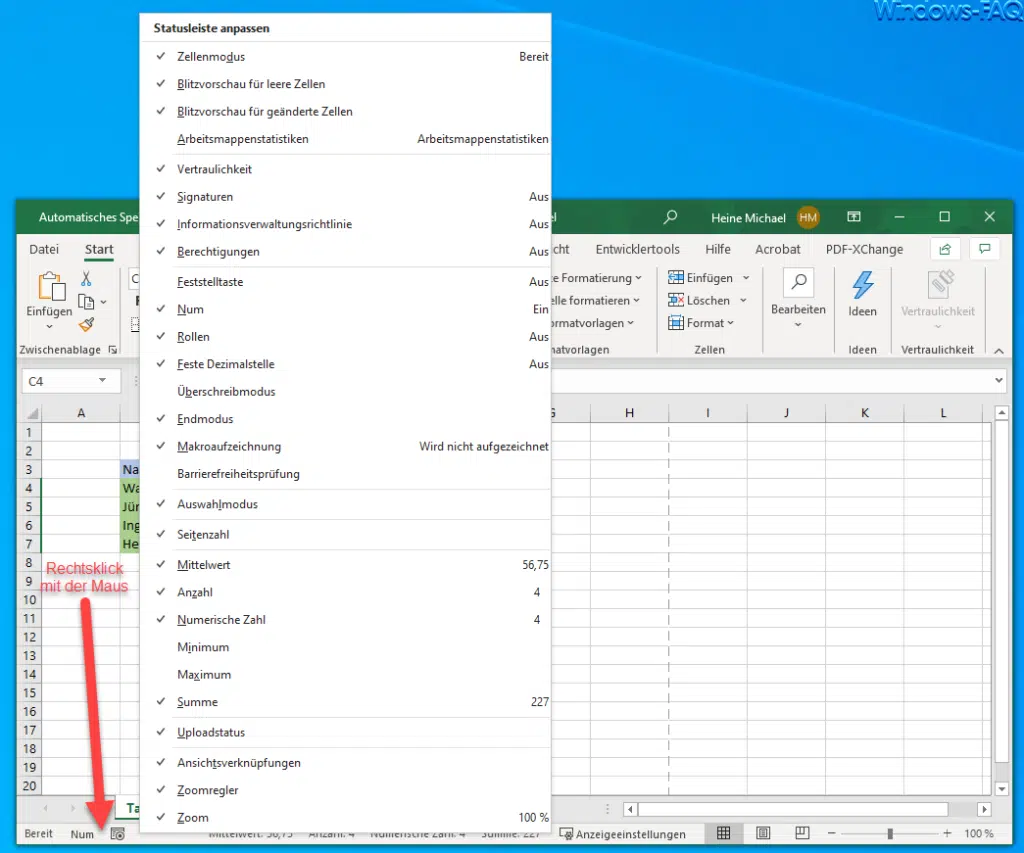 Excel Statusleiste anpassen