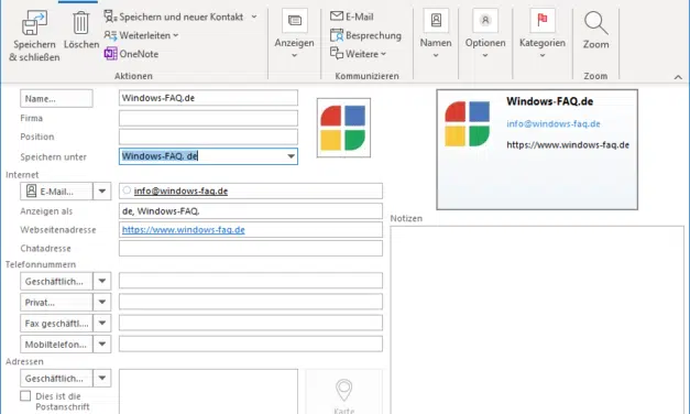 Elektronische Visitenkarte vCard (VCF) mit Outlook erstellen