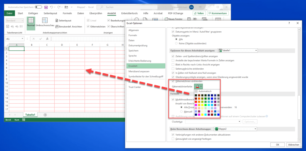 Excel Gitternetzlinien andere Farbe