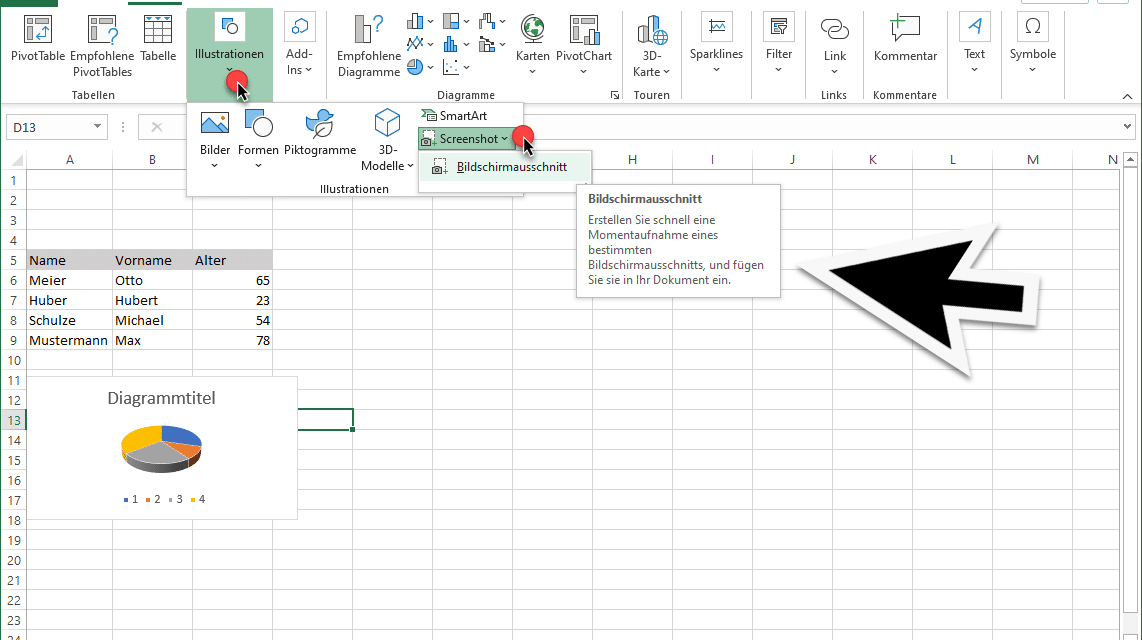 Bildschirmfoto mit Excel