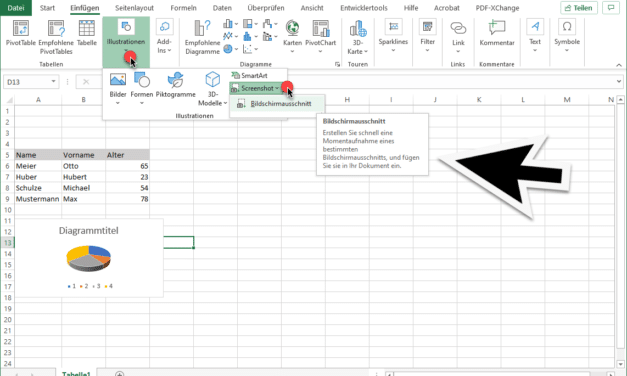 Bildschirmfoto mit Excel