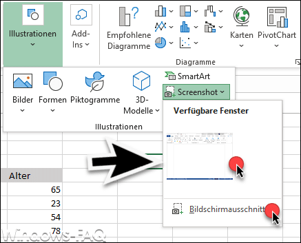 Excel Bildschirmausschnitt verfügbare Fenster