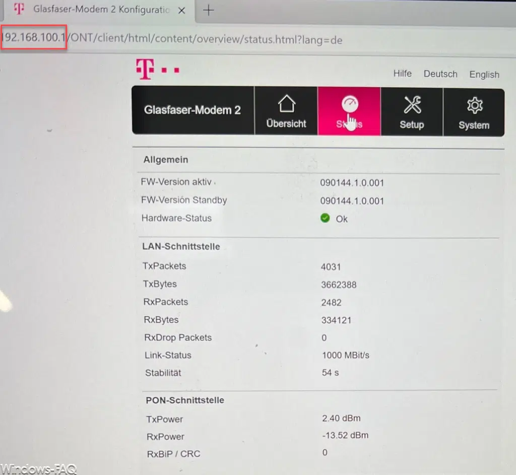Glasfaser-Modem 2 Weboberfläche
