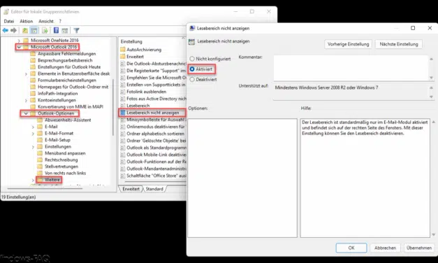 Outlook Lesebereich ausblenden per GPO